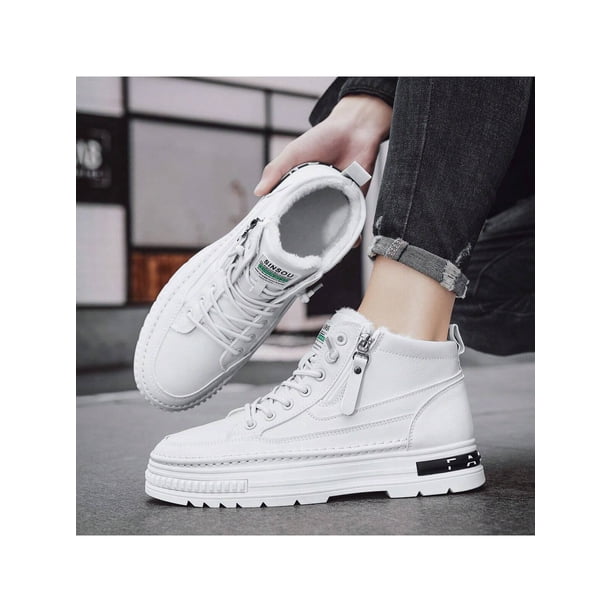 Men's Imitation Fur Lined British Style Pu Leather Work Shoes, Retro Versatile Ankle Boots, Durable & Casual, High Top With Korean Fashionable Style,