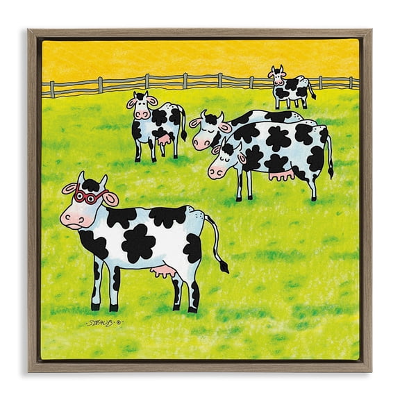 Stupell Industries Rustic Lodge Funny Cow Herd with Specs Brown Floating Frame Canvas Art, 18 x 18, by Roger Straub