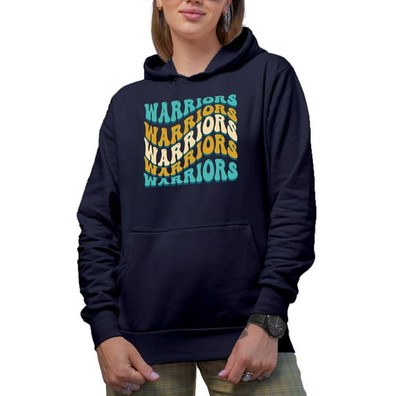 Warriors, Team Name, Groovy Retro Wavy Text Merch Gift, Navy Blue Hooded Sweatshirt or Hoodie, Small
