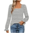 thumbnail image 2 of NTACZA Summer Tops for Women Long Sleeve Striped Print Black Square Neck T-Shirts Woman Shirts Plus Size L, 2 of 6