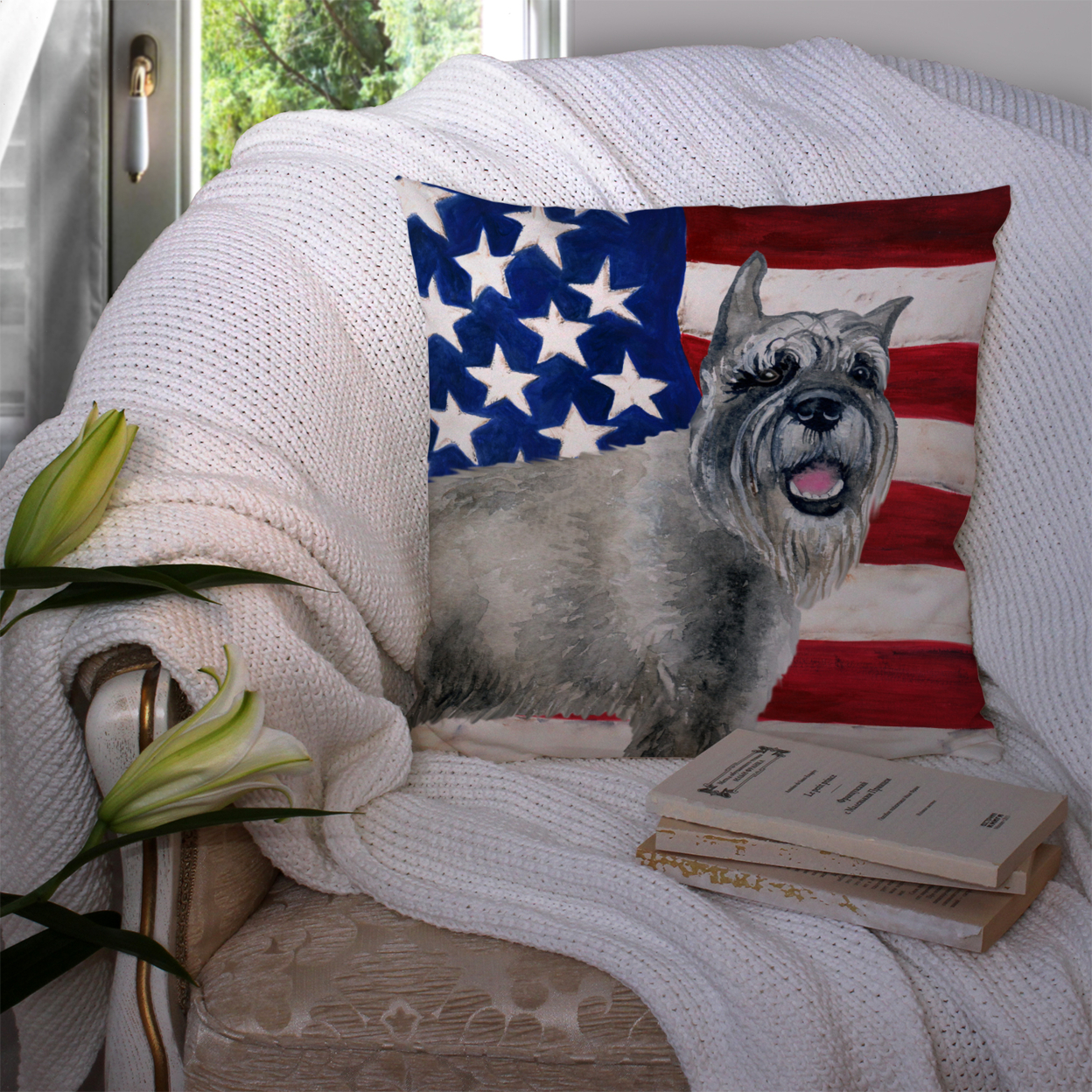 Carolines Treasures BB9662PW1414 Schnauzer Patriotic Fabric Decorative Pillow 14Hx14W multicolor