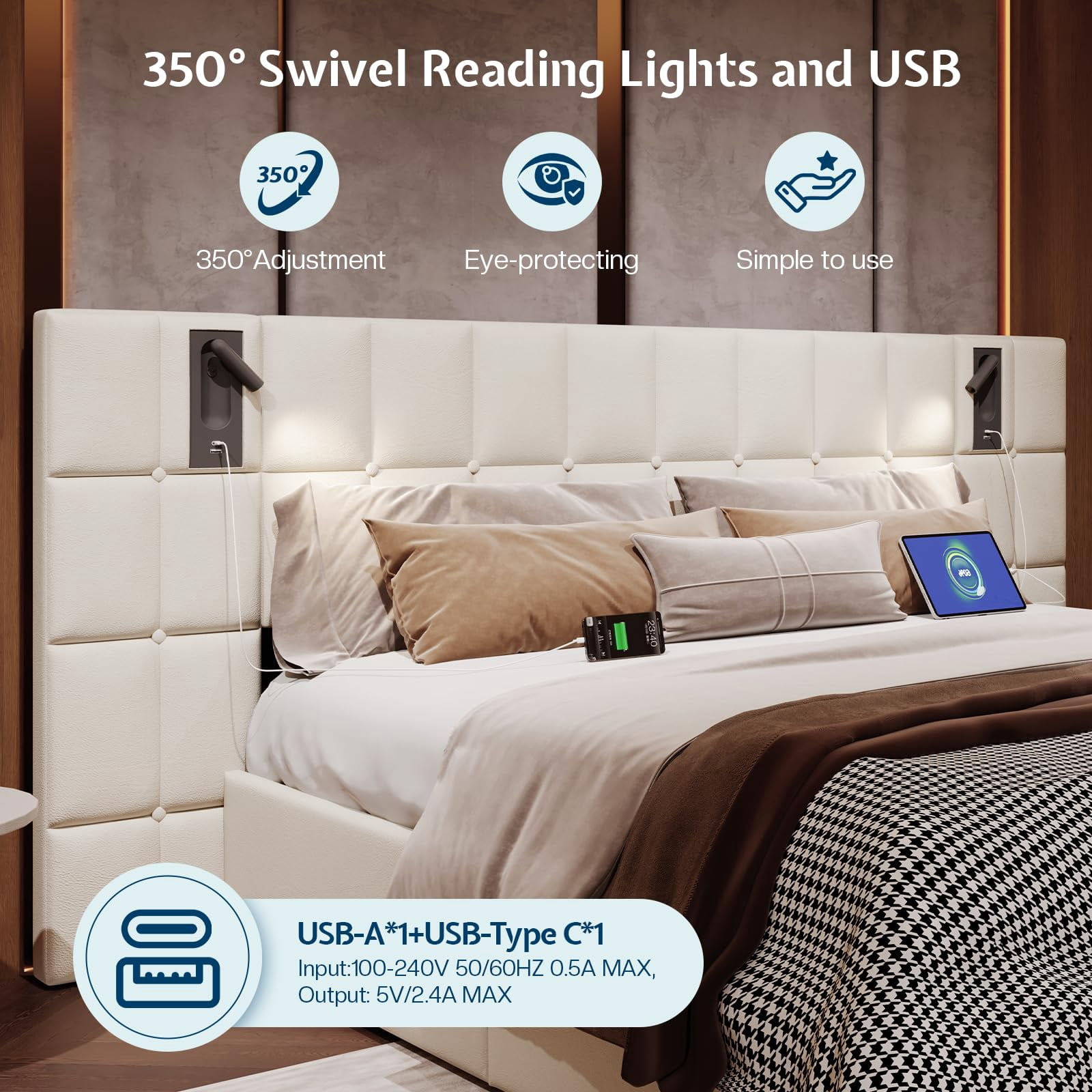 Merluxy King Size Upholstered Bed Frame with Widened Headboard,Lift-Up Storage Bed and Built-In Reading Light, Velvet Platform Frame,Cream