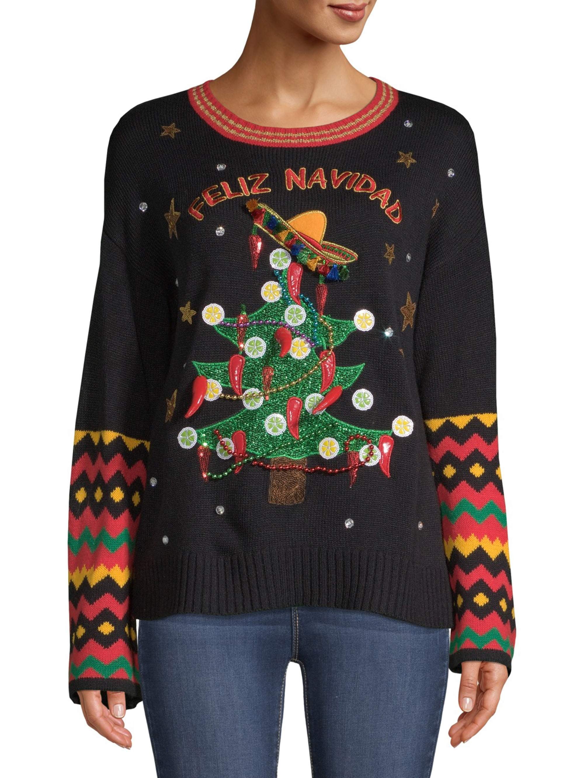 Holiday Time Women's Feliz Navidad Tree Ugly Christmas Sweater, Sizes Vary  