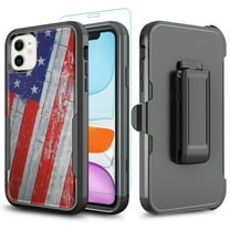 TJS Phone Case for iPhone 11 Case with Tempered Glass Screen Protector, Belt Clip Holster Heavy Duty Rugged Shockproof Full Body Protection Cover (USA Flag)