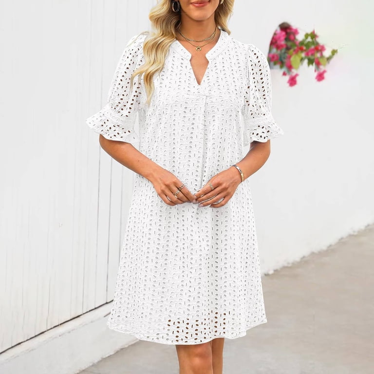 Zjxfgs Flattering Dresses For Apple Shape Tiered Mini Casual Shift Dress Women's V Neck Short Sleeve Hollow Out Lace Ruffle Dresses With Pocket Eyelet