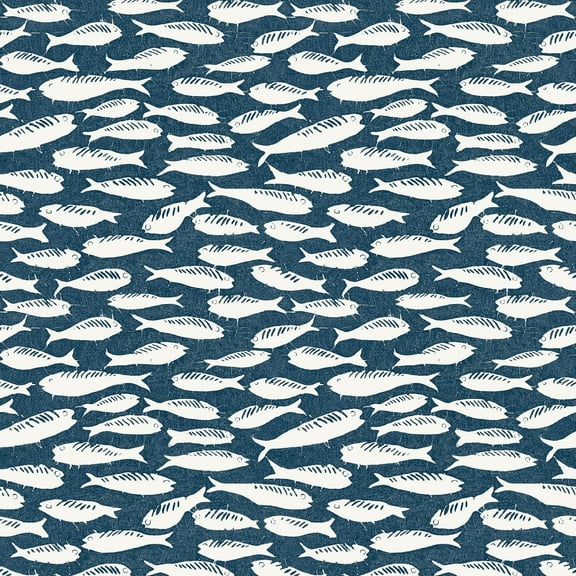 3122-10522 Nunkie Navy Sardine Wallpaper with Playful Coastal Charm in Navy Blue Off White Colors Coastal Style Prepasted Acrylic Coated Paper