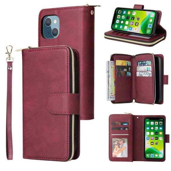 Feishell for Apple iPhone 13 (6.1 inch) Wallet Case for Women Men,Premium PU Leather Magnetic Clasp Zipper 9 Card Slots Folio Flip Holder Shockproof Purse Phone Case with Wrist Strap,Winered