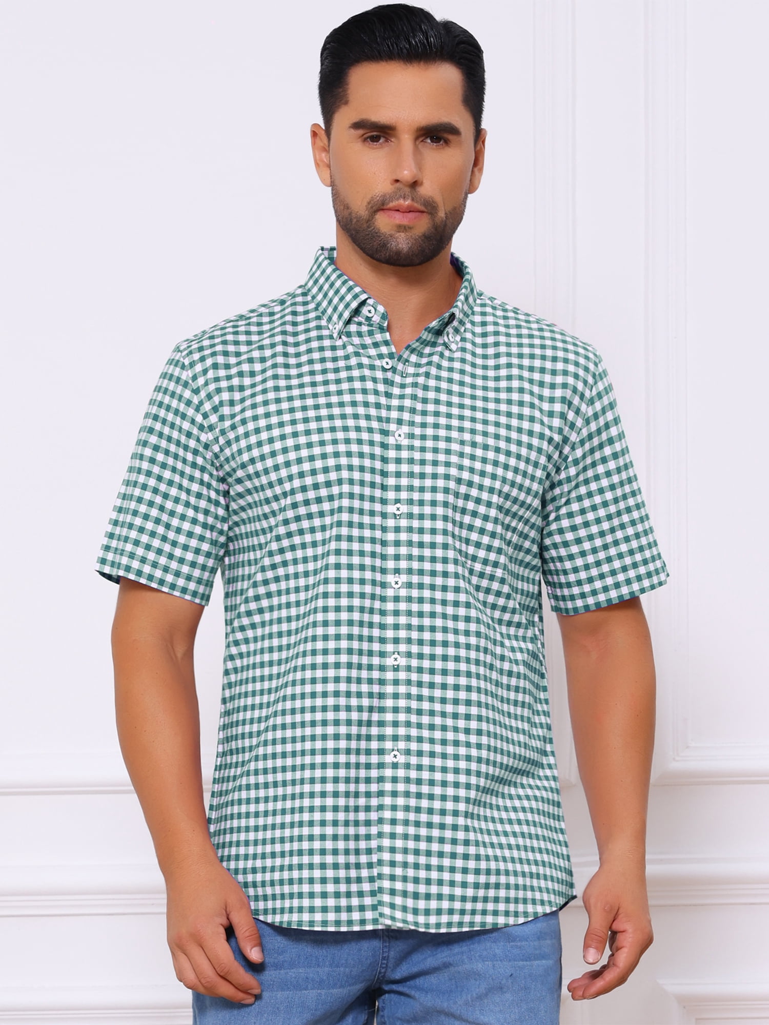 DARING DIVA Men's Point Collar Short Sleeve Button Business Plaid Shirts XL Green White