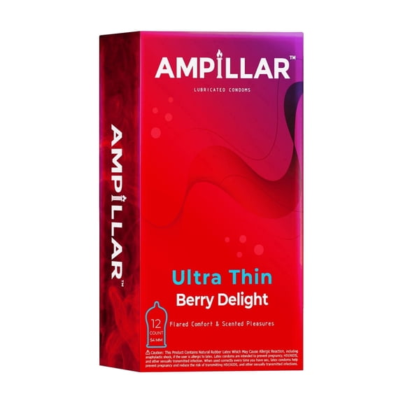 AMPILLAR Condoms ULTRA THIN BERRY DELIGHT, Natural Feel Berry Scented Flared Comfort High Quality Lubricated Condoms - 12 Count