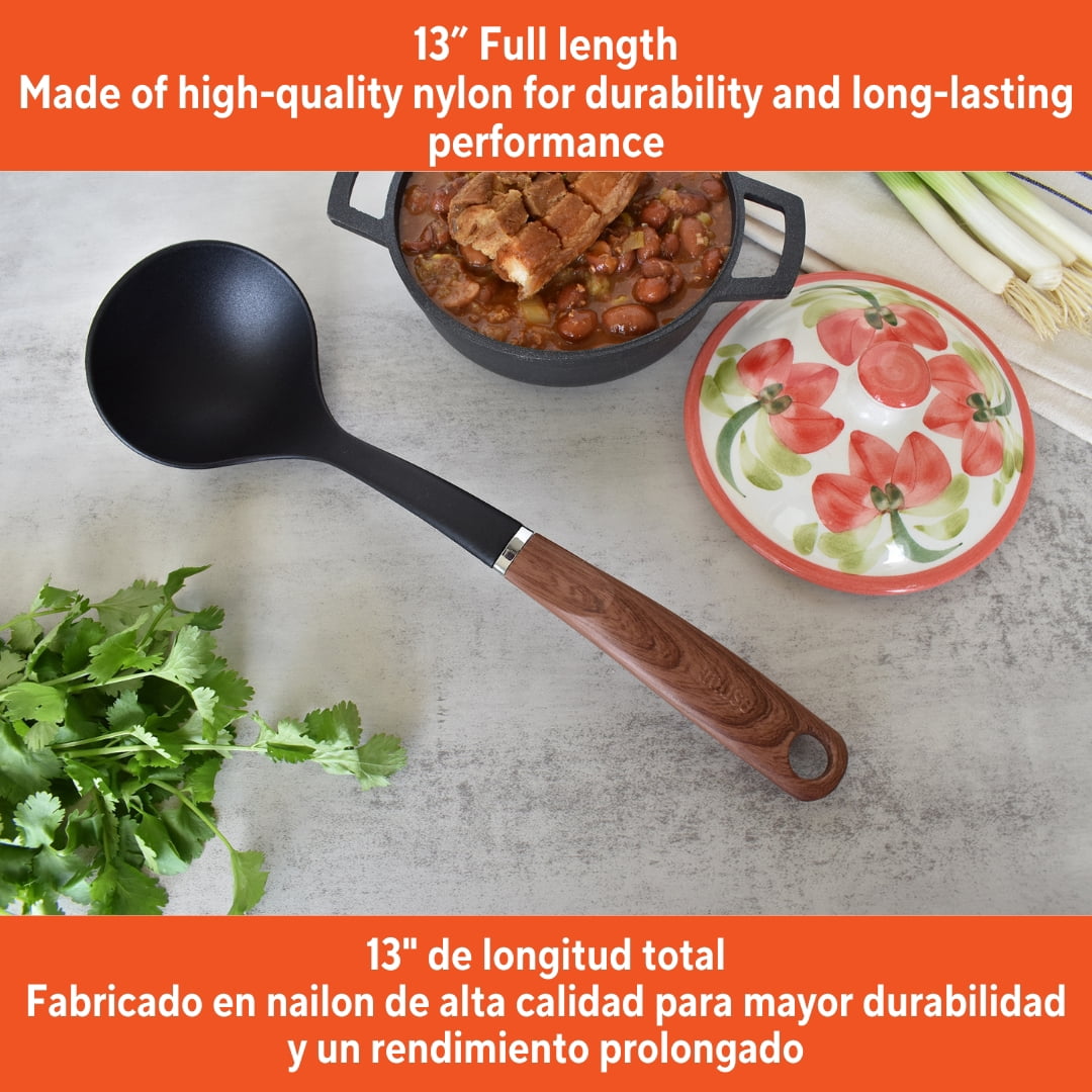 (2 pack) IMUSA Nylon Black Cooking Ladle with Woodlook Handle