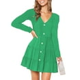 thumbnail image 1 of Vestido Aline con cuello en V, transpirable, agradable para la piel, color puro, fibra de poliéster, pliegue, vestido de manga larga para ir de compras, vida diaria, verde M, 1 of 4