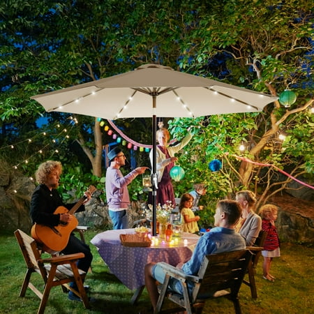 Sun Ray - 9' Round Solar Lighted Umbrella - Taupe