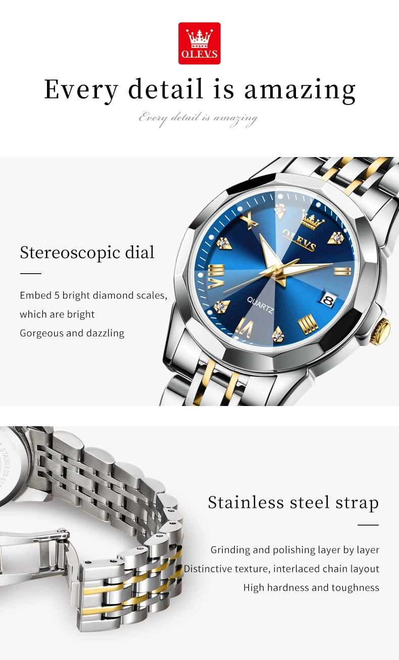 OLEVS Valentines Couple Pair Quartz Watches Luminous Calendar Date Window 3ATM Waterproof, Casual Stainless Steel His and Hers Wristwatch for Men Women Lovers Wedding Romantic Gifts Set of 2