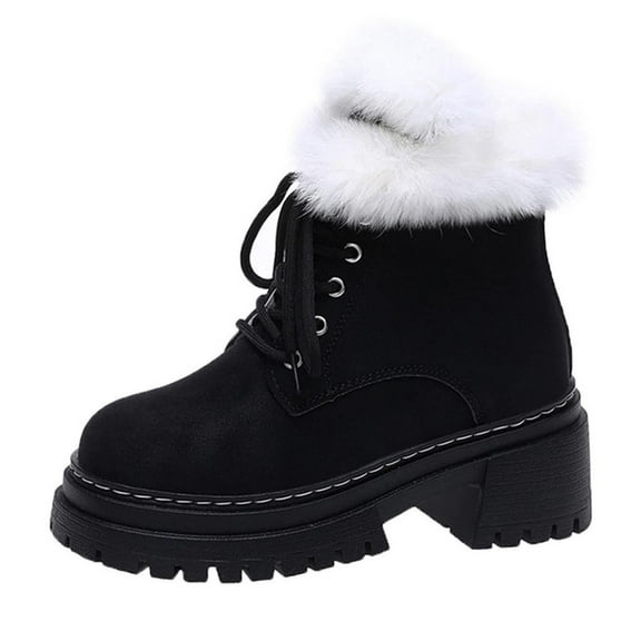 Dasayo Furry Womans Boots Chunky Ankle Black Lace up Slip on Low Heel Snow Shoes Ladies Shoes 36