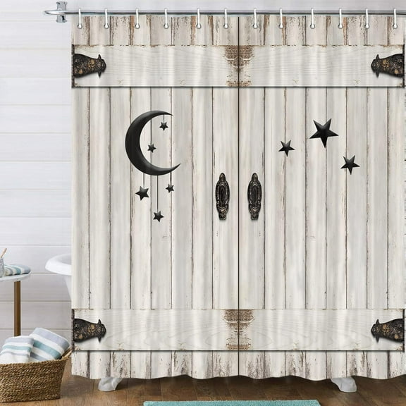 Country Barn Door Shower Curtain, Rustic Wooden White Wood Islam Crescent Moon and Star Shower Curtain Set, Modern Farmhouse Bathroon Shower Curtain, Fabric Shower Curtain, Hooks Included,