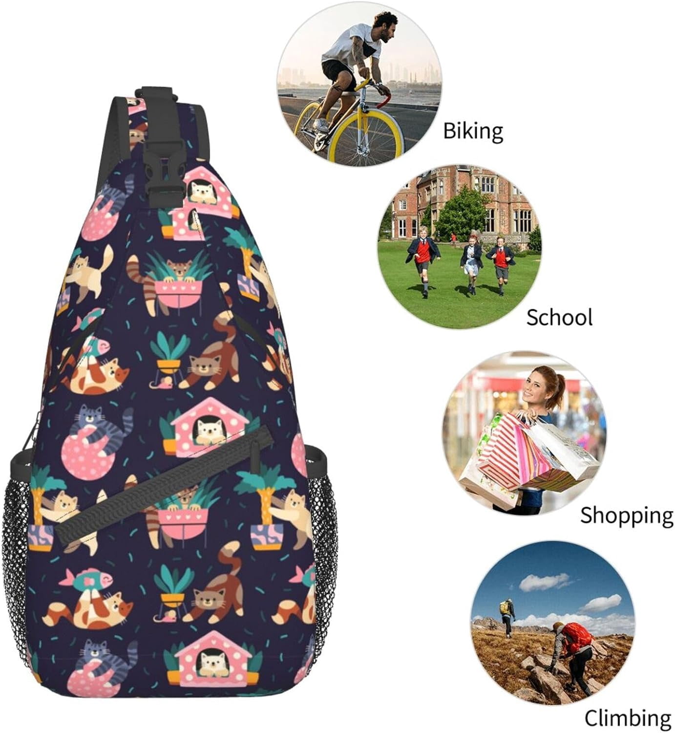 Cute Cat Animal Pattern Sling Bag Crossbody Hiking Travel Chest Bags Backpack Shoulder Daypack for Women Men