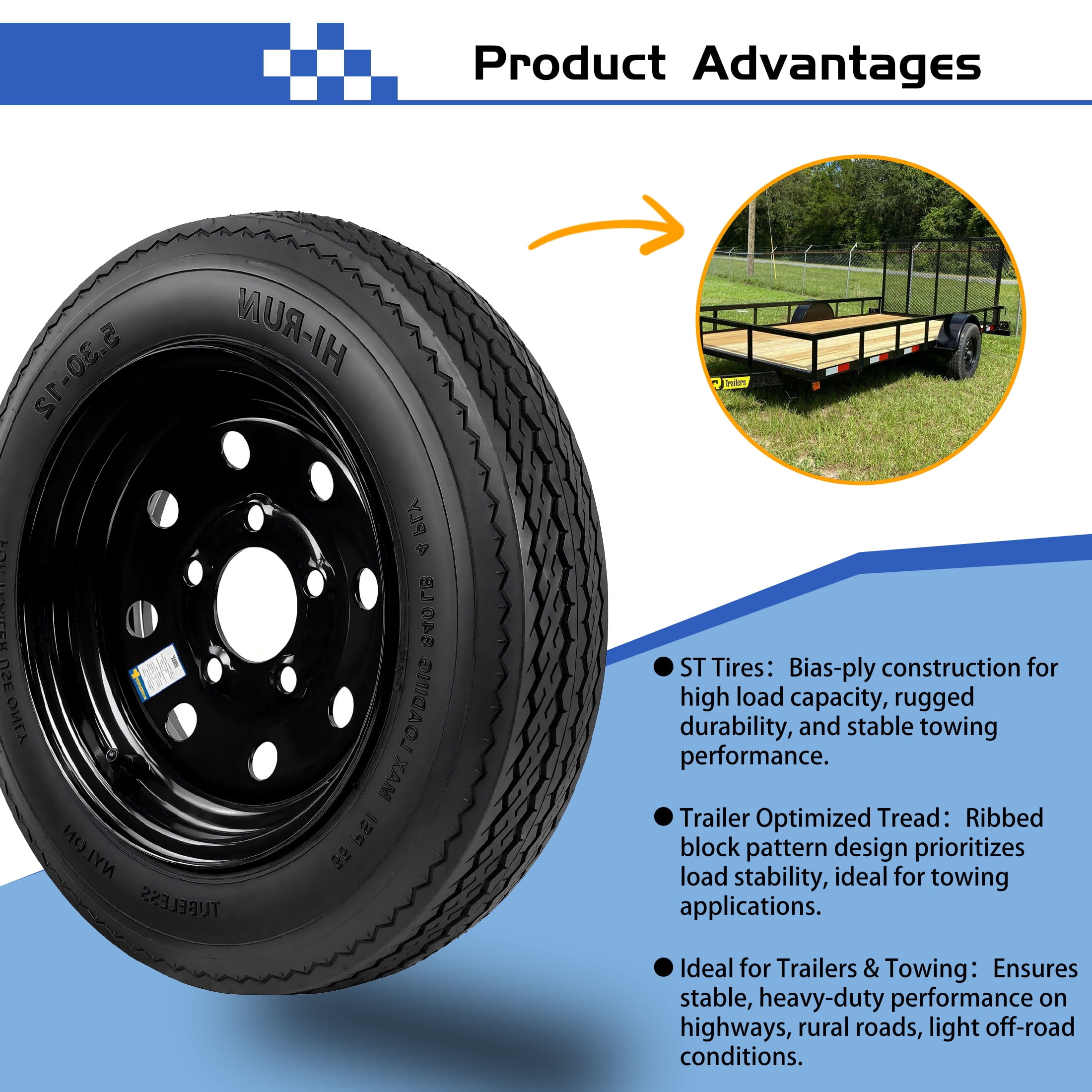 Hi-Run 2 Set SU02 5.30-12 4PR Boat Trailer Tire and 5-Lug Black Mod Wheel Assembly