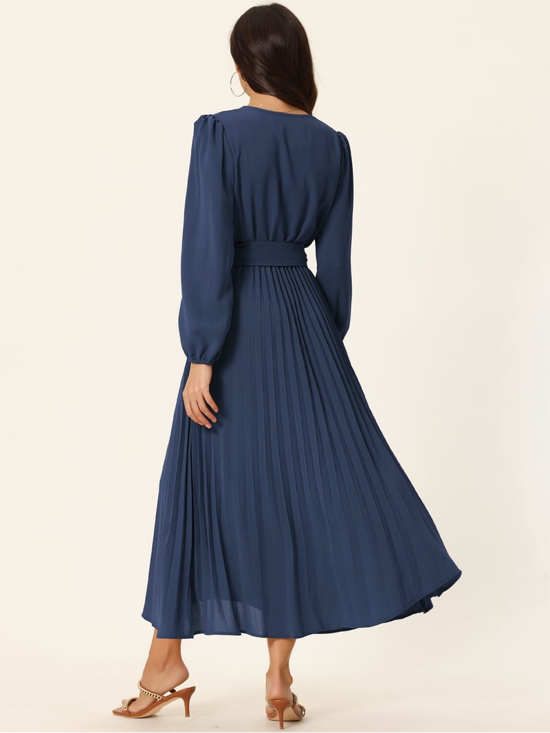 Unique Bargains Women's Long Puff Sleeve Flowy Ruffle Pleated Dress with  Belt XL Navy Blue
