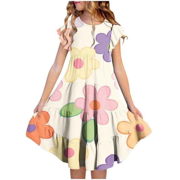 Eltusu Summer Dresses for Girls, Ruffle Sleeve Crewneck Basic Short Sleeve Kids Clothes Multicolor Size 8-9T