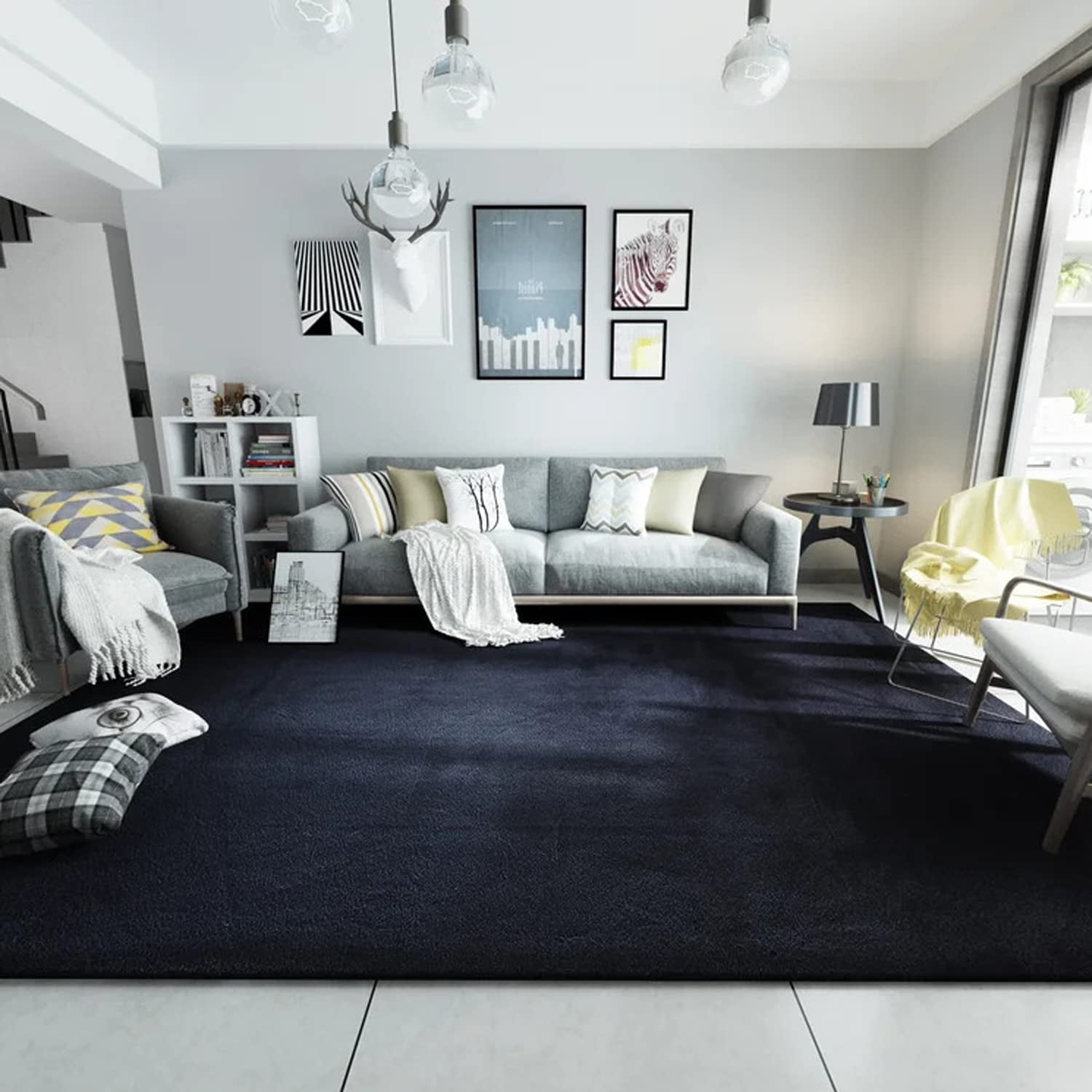 Ghouse 8x10 Soft Black Faux Fur Rug, Machine Washable Area Rugs for