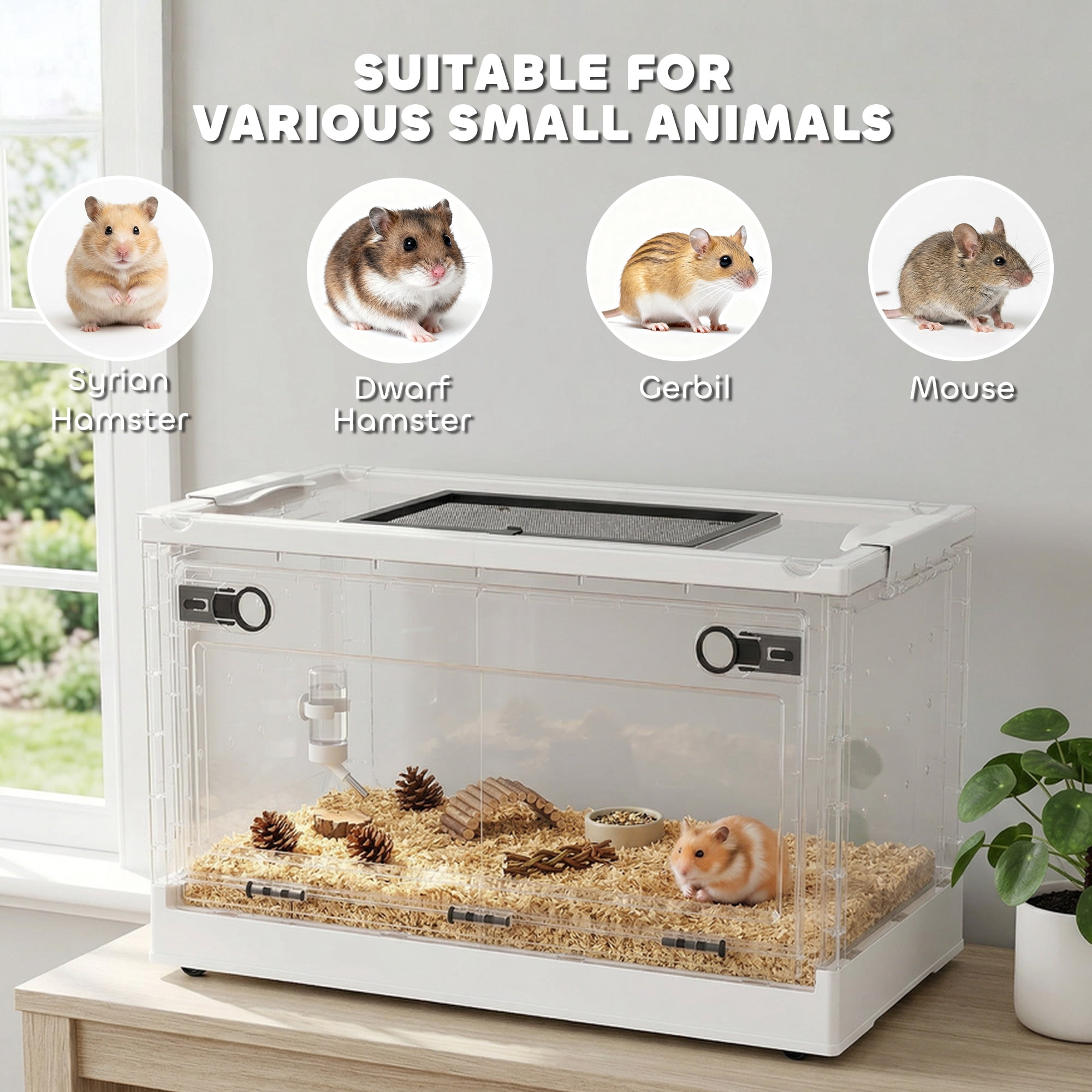 PawHut Hamster Cage, Stackable Gebril Cage with Front Door, Ventilated Small Animal Habitat for Dwarf Hamsters, Gerbils, Mice, 22" x 13" x 12", White
