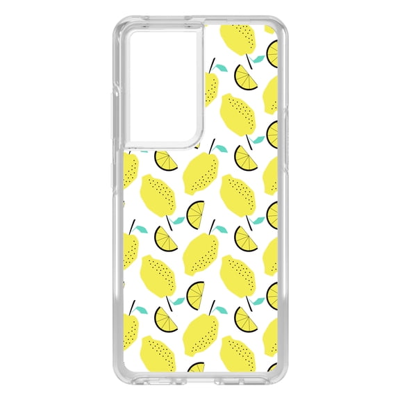 DistinctInk Clear Shockproof Hybrid Case for Galaxy S21 ULTRA 5G (6.8" Screen) - TPU Bumper, Acrylic Back, Tempered Glass Screen Protector - Summer Graphics - Lemon Pattern - Lemonade