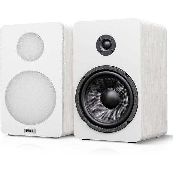 Pyle 6.5” Bookshelf Speakers – Pair of Wired Home Theater Speakers with Wall Mount Brackets, 2-Way HiFi Design with Fiberglass Cone & Soft Dome Tweeter, Compact Size 11.7” x 7” x 6.5”, White