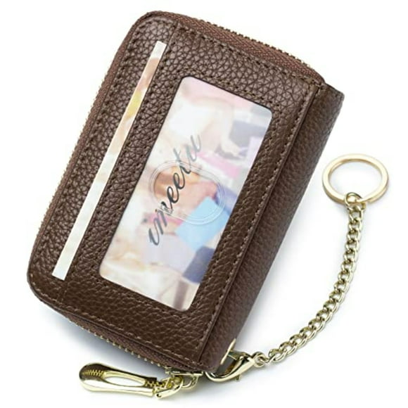 imeetu Porte-Cartes de Crédit RFID, Petit Étui Portefeuille en Cuir à Fermeture Éclair pour Cartes avec Porte-Clés Amovible et Fenêtre d'Identité, Brun