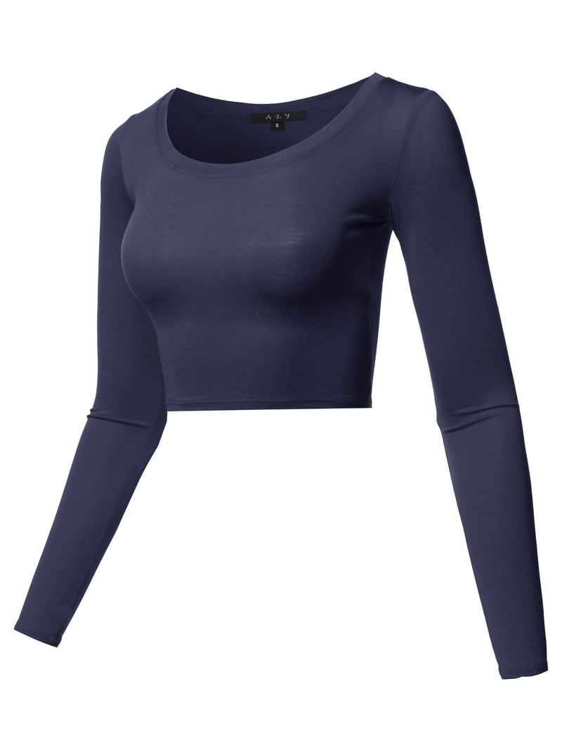 A2Y Women's Basic Solid Stretchable Scoop Neck Long Sleeve Crop