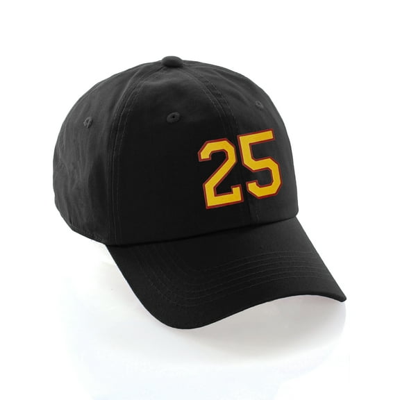 Customized Number Hat 00 to 99 Team Colors Baseball Cap, Black Hat Red Gold Number 25