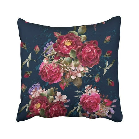 Red Floral Throw Pillow - ARTJIA Pink Beauty Beautiful Pattern In Vintage On Deep Blue With Red Rose Flowers Floral Pillowcase Throw Pillow Cover Case 18x18 inches