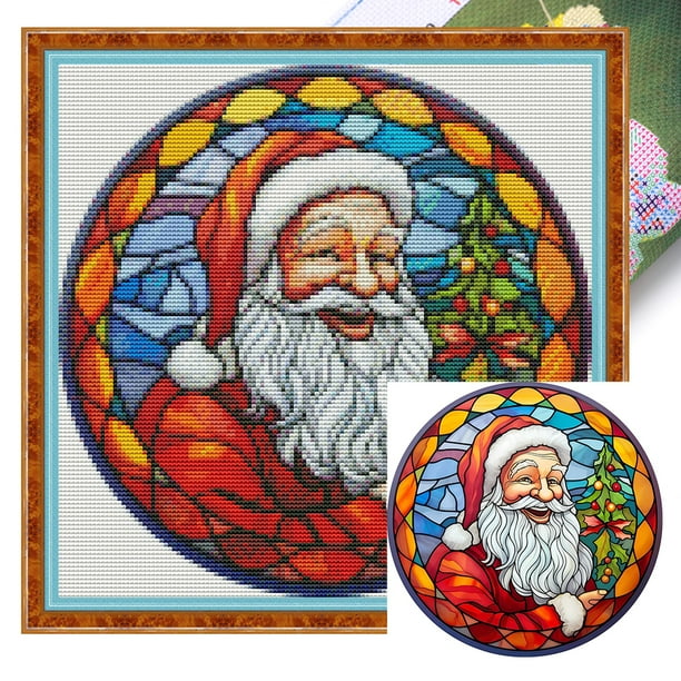 Hilo Algodón Bordado Vitral Impreso 18 Quilates Punto Cruz Papá Noel 25x25cm