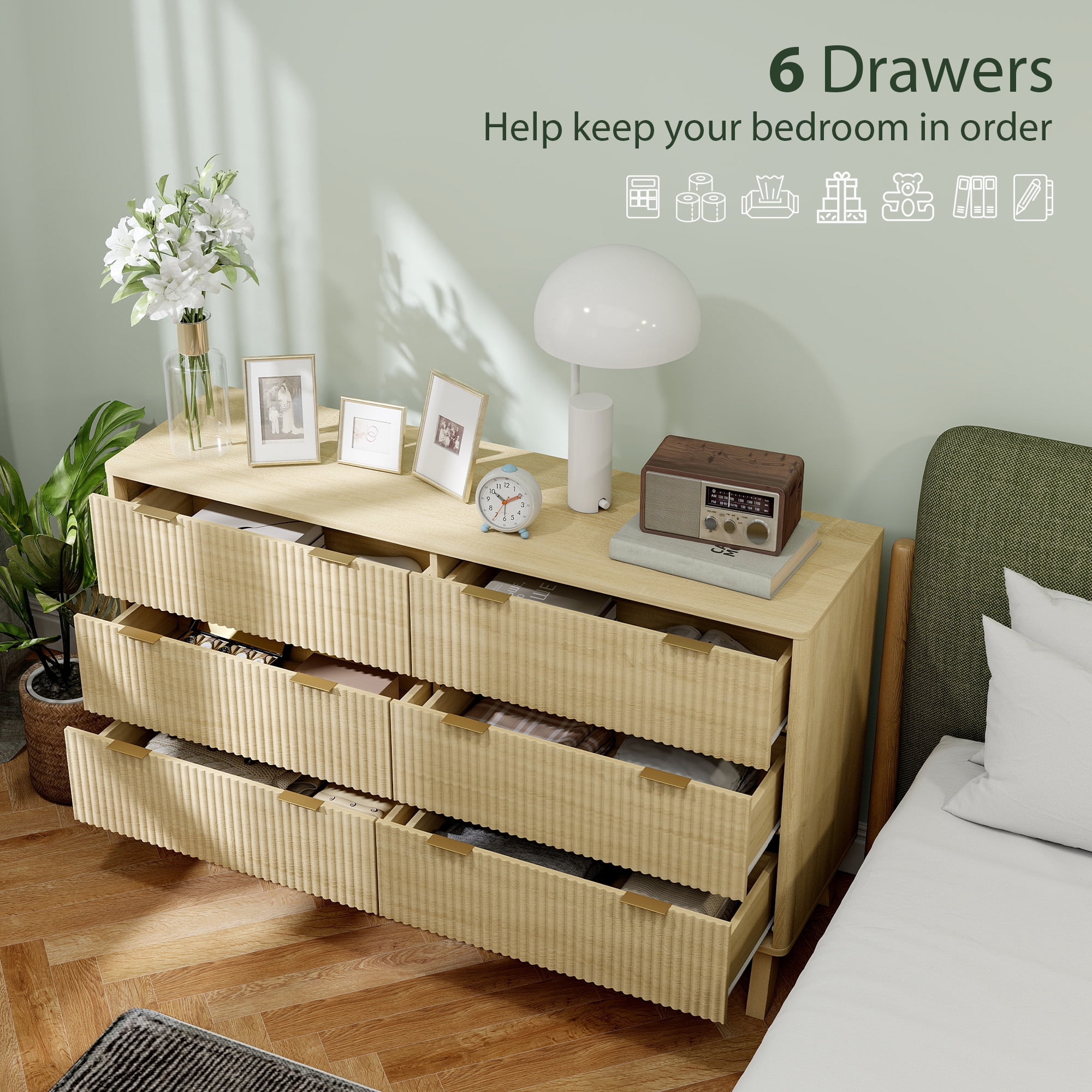HOMCOM Fluted Dresser for Bedroom with 6 Drawers, 54" Wide Chest of Drawers with Gold Finger Pulls and 5 Wood Legs, Natural Wood