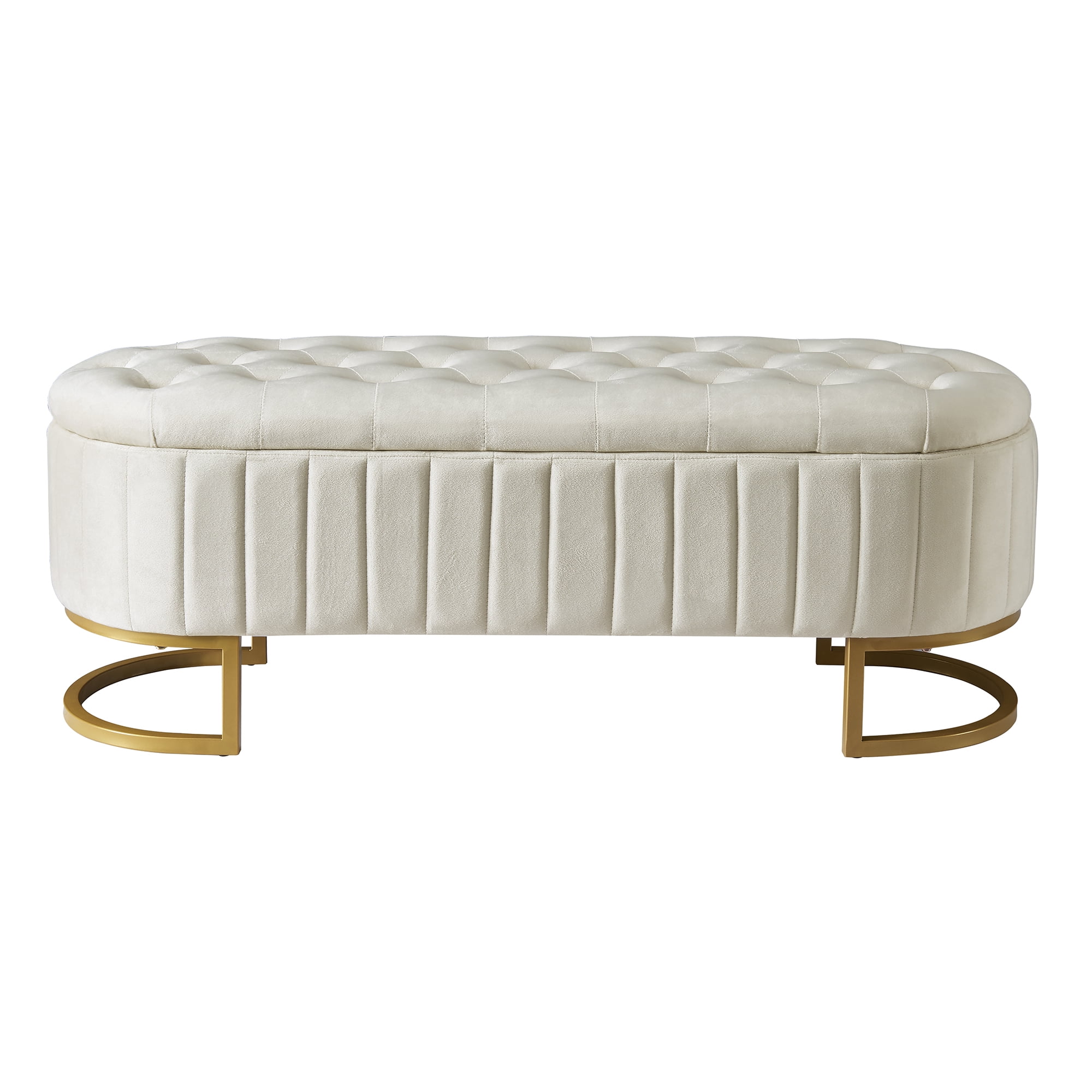 Aukfa 47" Velvet Storage Ottoman Bench, Button Tufted End of Bed Bench with Metal Legs, Modern Entryway Shoe Bench, Beige