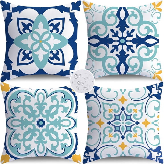 Outdoor Waterproof Pillow Covers 18x18 Set of 4 Teal Boho Decorative Throw Pillows Floral Cushion Cases for Patio Furniture Bench Couch Sunbrella