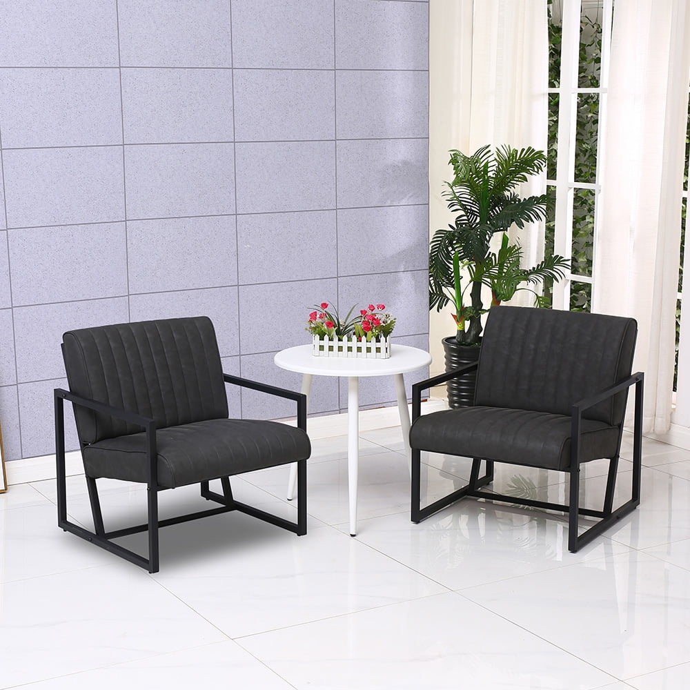 Lowestbest Modern PU Leather Sofachair, Lounge Chair with Steel Arm and Upholstered Cushion, Leisure Chairs for Bedroom Dining Room, Dark Grey Lowestbest Modern PU Leather Sofachair, Lounge Chair with Steel Arm and Upholstered Cushion, Leisure Chairs for Bedroom Dining Room, Dark Grey