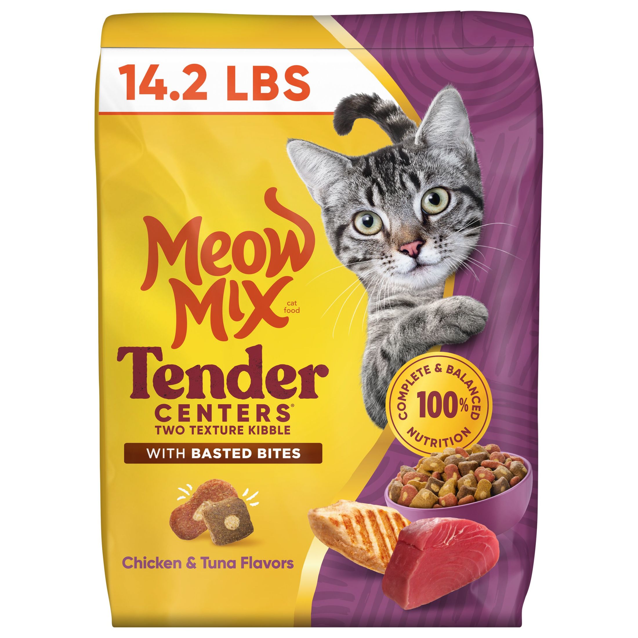 Meow Mix Tender Centers Dry Cat Food with Basted Bites, Chicken & Tuna Flavors, 14.2 lb Bag