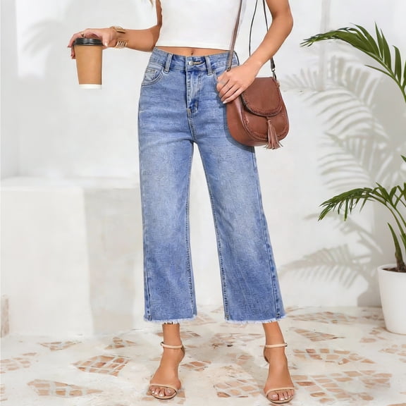 Women's Trendy Capri Jeans High Waist Straight Leg Stretchy Raw Hem Cropped Denim Pants for Daily Wear Light Blue S