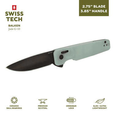 Swiss Tech Balken Crossbar Locking Lightweight Flipper Knife, with D2 Steel and Low Profile Back Flipper, Jade