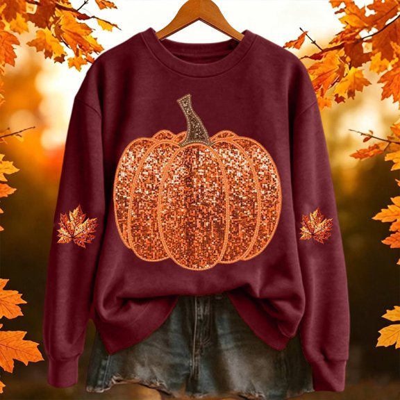 Halloween Hoodie Pumpkin Season Themed Printed Hooded Sweatshirts Women Fall Pullover Tops (A2-Brick Red XXL)