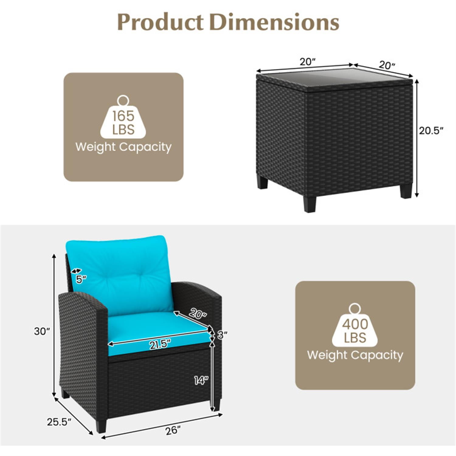 Demi Bonn 3 Pieces Rattan Patio Furniture Set with Washable Cushion, Conversation Armchairs for Garden Poolside Balcony, Turquoise