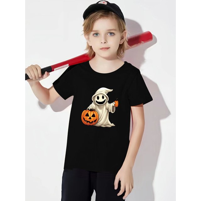 Halloween Ghost Print Boy's T-shirt, Casual Short Sleeve Breathable Comfy Summer outdoor Tops