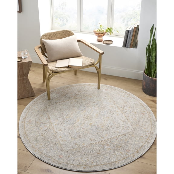 Livabliss Area Rugs for Living Room, 7ft Round Avant Garde Traditional Taupe Round Rug, Bedroom Dining Room Home Decor Stain Resistant Carpet (6'7" x 6'7")