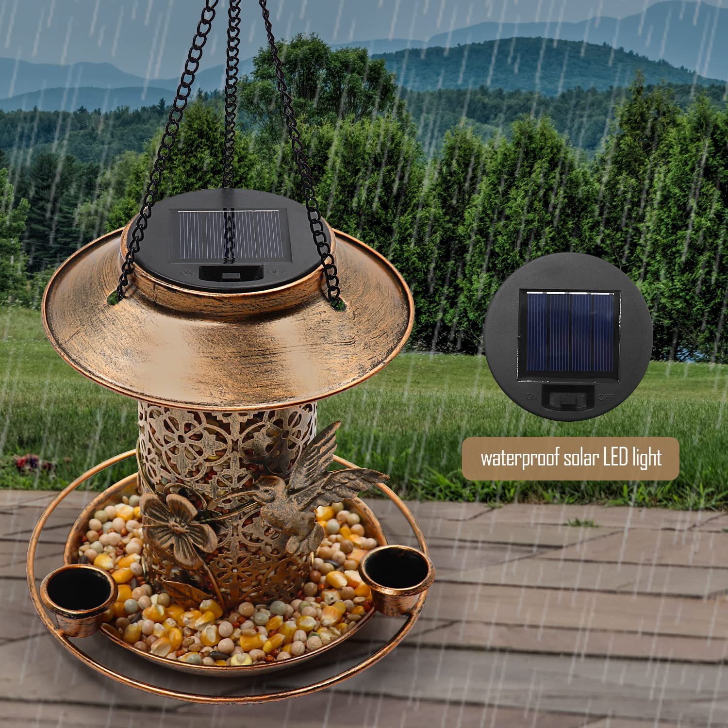 Bird Feeders with Solar LED Light - Metal Hummingbird Feeders for Outdoors Hanging - Bird Feeders with 3 Water Feeder Cup - Outdoor Garden Yard Lawn Decoration