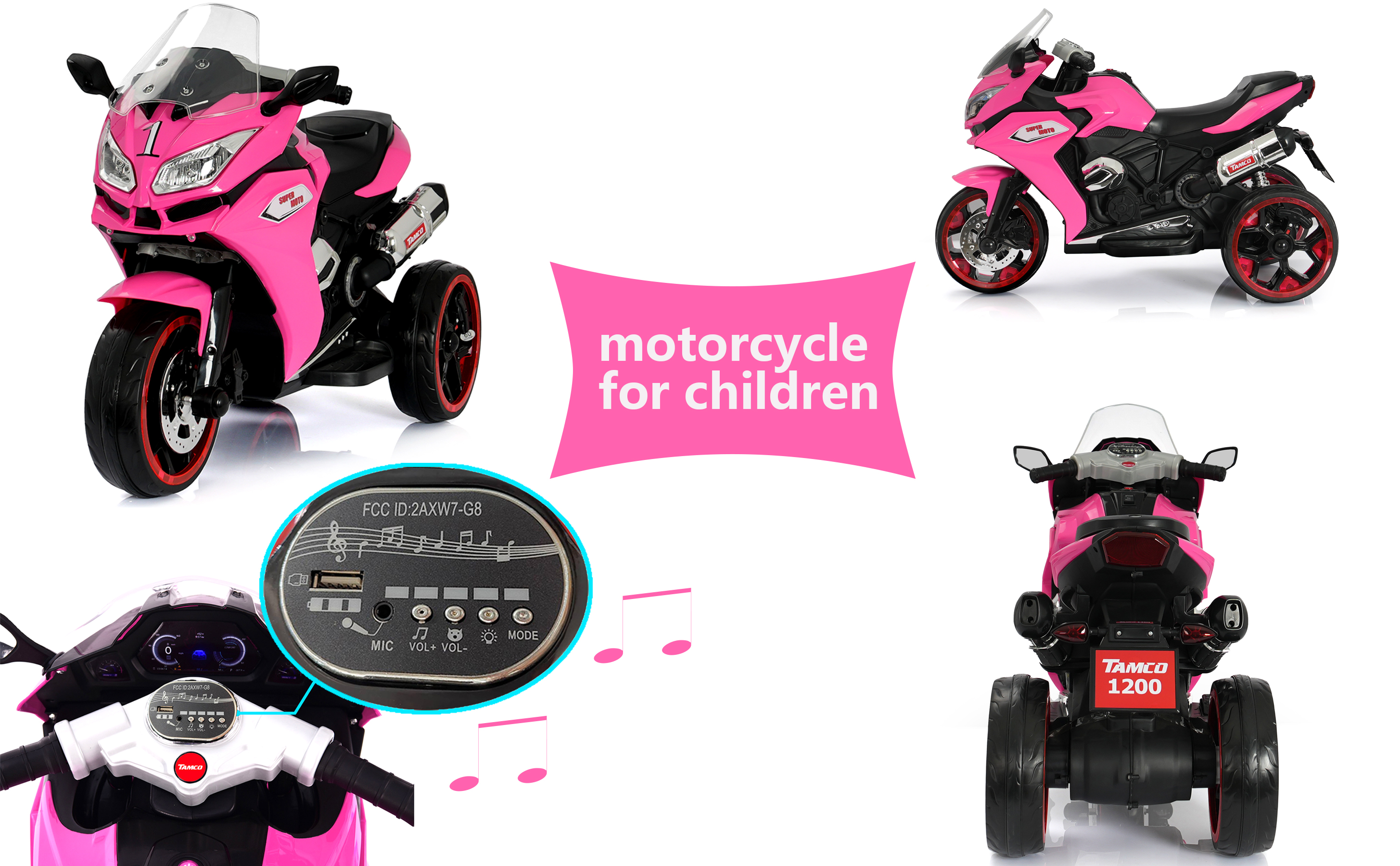 Kids Motorcycle, 12V Battery Powered, with LED Lights, Ages 3-6