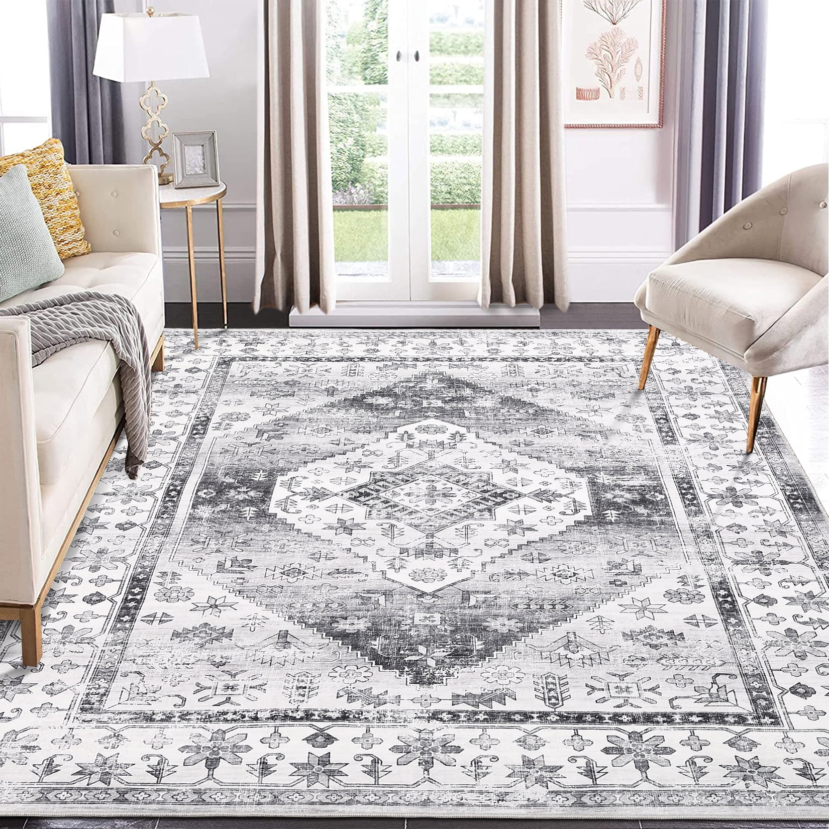 ZACOO 8'x10' Washable Rug Non Slip Vintage Oriental Rug Foldable Rug Retro Medallion Carpet for Living Room Bedroom,Grey
