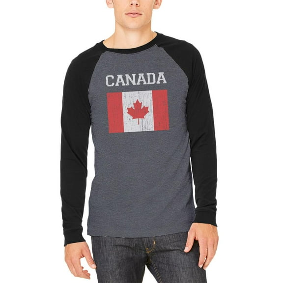 World Cup Distressed Flag Canada Adult Long Sleeve Raglan T-Shirt Heather Black-Black SM