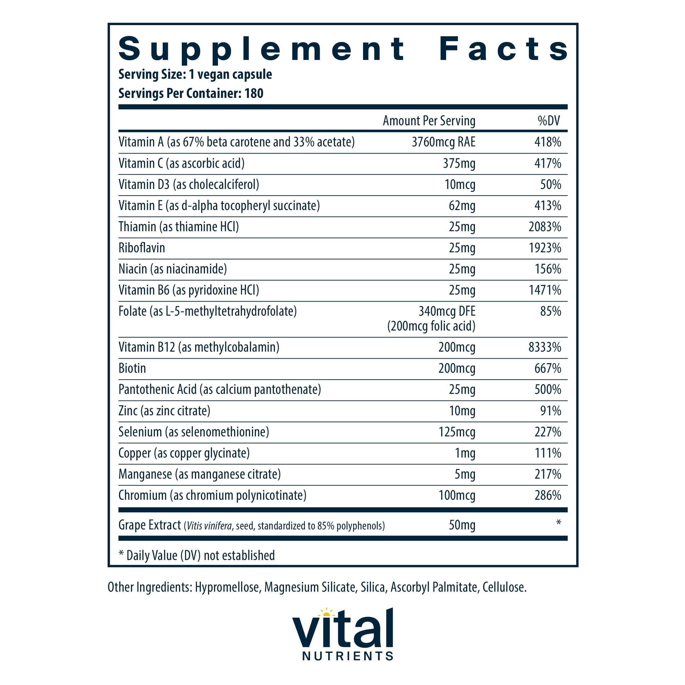 Vital Nutrients Minimal and Essential Multivitamin | Vegetarian One per Day Multi Vitamin, Mineral, & Antioxidant Supplement | Iron-Free | Gluten, Dairy, Soy Free | Non-GMO | 180 Capsules