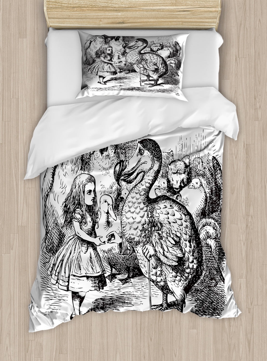Kids Twin Size Duvet Cover Set, Alice in Wonderland with Dodo Animal Adventures Big Bird Sketch Children Theme, Decorative 2 Piece Bedding Set with 1 Pillow Sham, Black and White, by Ambesonne