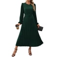 thumbnail image 3 of Women'S Midi Dress Long Puff Sleeve Wrap Crew Neck Flowy Ruffle Pleated Casual Fall Dresses Dark Green XL, 3 of 9